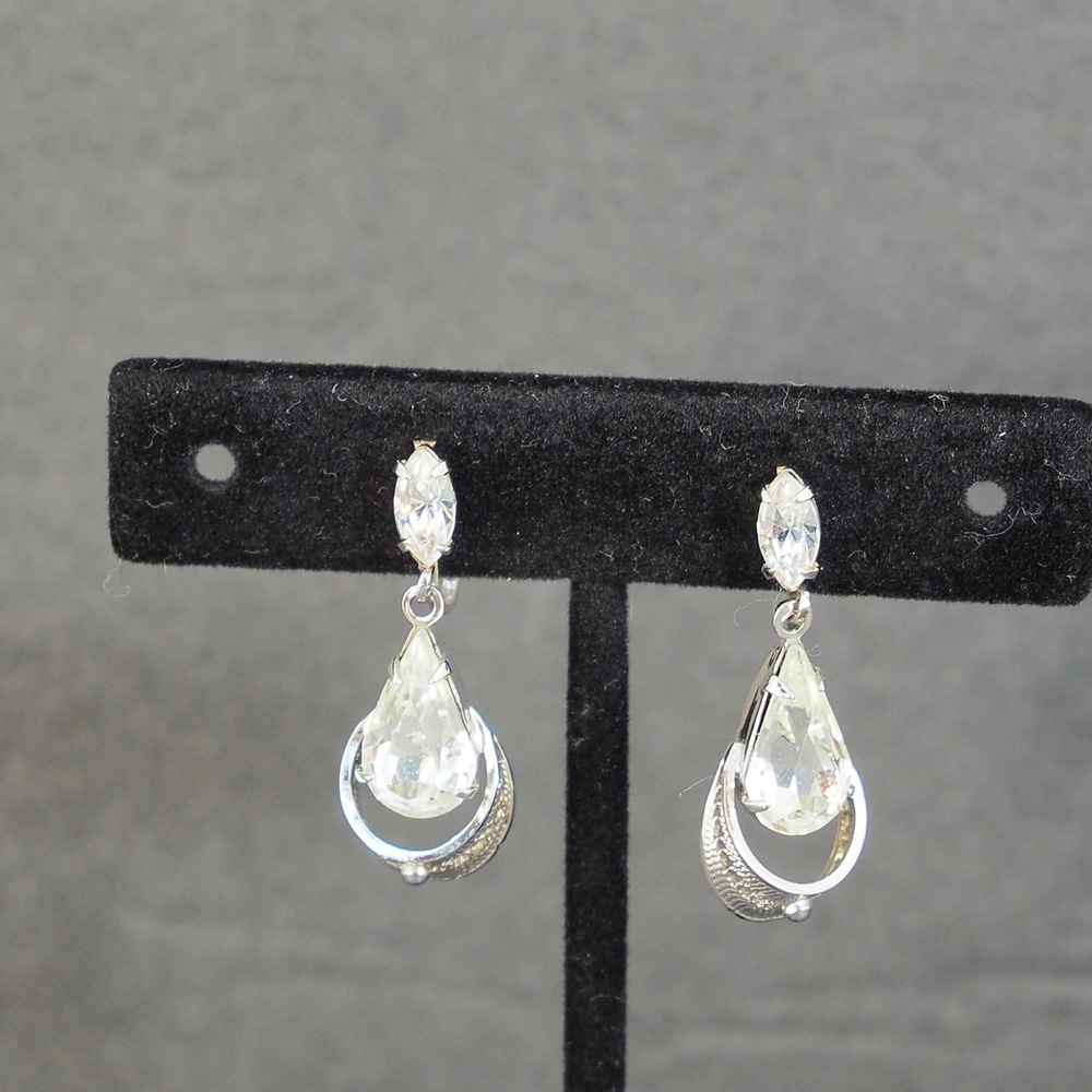 Vintage Earrings Teardrop Rhinestone Sterling Silver Dangle Screw Back Elegant